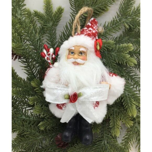 Santa Claus Christmas Ornament Red & White Plaid Hand Decorated - Picture 6 of 8